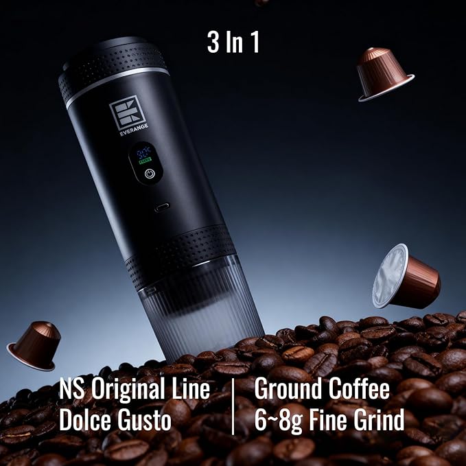 Portable Electric Espresso Machine Travel Coffee Maker Brewer Compatible with Ground Coffee &amp NS Capsules (Black with LCD Screen)