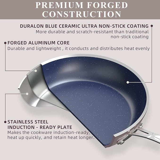 Healthy Duralon Blue Ceramic Nonstick Cookware Set Diamond Infused Scratch-Resistant PFAS Free Dishwasher &amp Oven Safe Induction Ready &amp Evenly Heats Tempered Glass Lids &amp Stay-Cool Ha