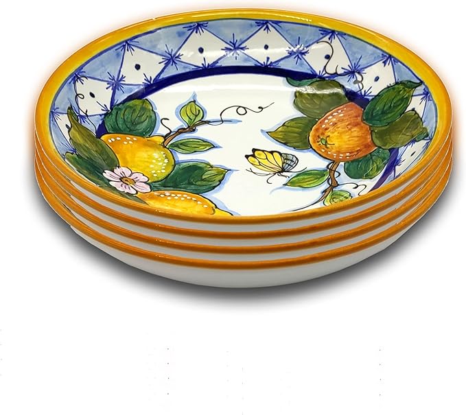 Italian Ceramic dinnerware set - Hand Painted kitchen Soup Bowls sets for 4 - Made in ITALY Tuscany - Italian Pottery dinner plates - Home Decor lemon Ischia Ceramics dishes set - Service For 4