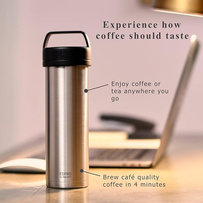 ESPRO P0 Ultralight French Press Coffee Maker for Travel Vacuum Insulated Stainless Steel 16 Ounces Brushed Stainless Steel