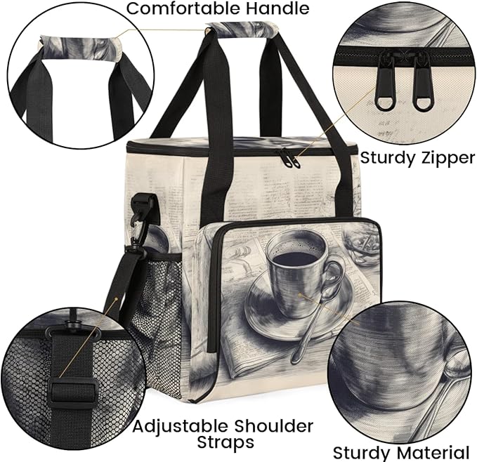 Retro Coffee Print Coffee Maker Travel Bag for Keurig K-Mini/K-Mini Plus Insulated Waterproof Tote with Pockets for K-Cup Portable Single-Serve Brewer Case