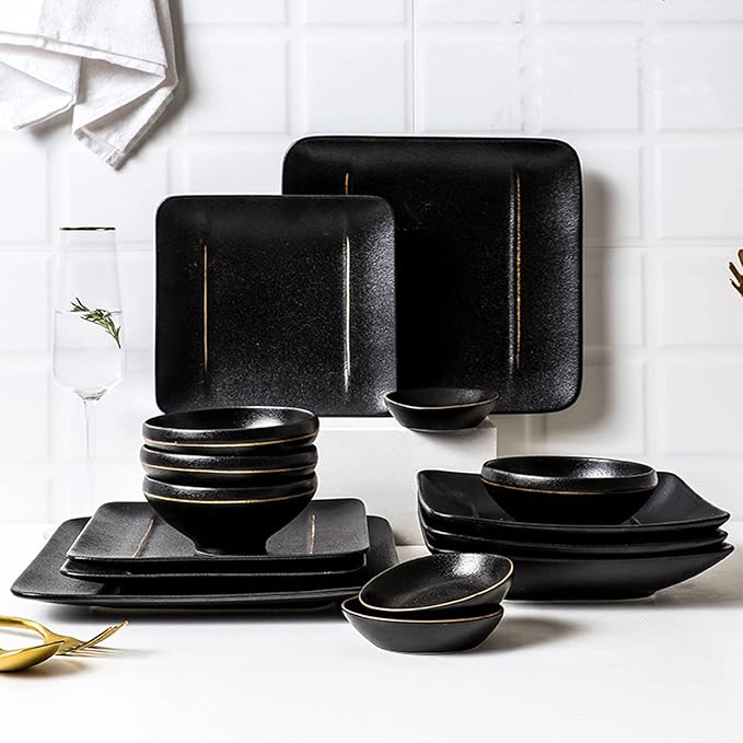 20 Pieces Porcelain Dinnerware Set Kitchen Dinner Set Square Ceramics Plates and Bowls Sets Dishes Set
