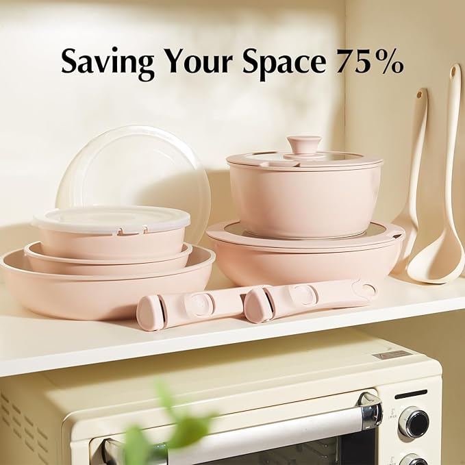 Redchef Pans and Pots Set Nonstick Ceramic Cookware Set with Detachable Handles 16Pcs Induction Dishwasher Oven Safe Kitchen Cooking Set PFAS PFOA &amp PTFE Free Pink