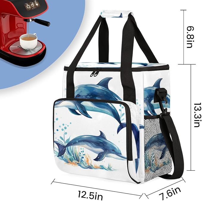Dolphin Coffee Maker Carrying Bag Cartoon Dolphin Travel Storage Bag Compatible with K-Mini or K-Mini Plus Single Serve Coffee Brewer Carrying Case with Multiple Pockets &amp Shoulder Strap