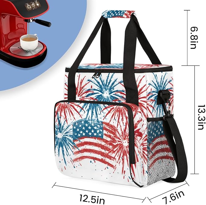 4th of JulyFirecrackers Coffee Maker Carrying Bag Travel Storage Bag Compatible with K-Mini or K-Mini Plus Single Serve Coffee Brewer Carrying Case with Multiple Pockets &amp Shoulder Strap