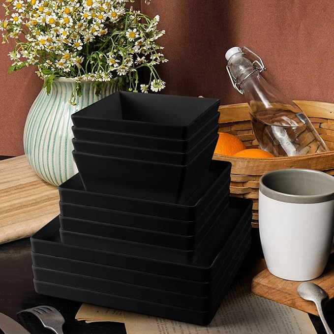 12 Piece Square Melamine Dinnerware Sets for 4 - Plastic Matte Black Plates and Bowls Sets Best for Indoor Outdoor Grill Holiday Party Camping BPA-Free Dishwasher Safe