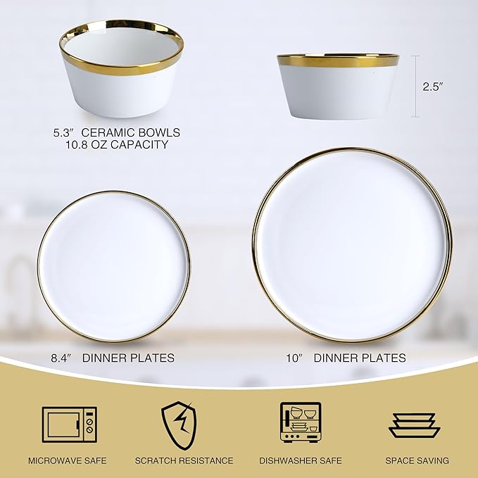 Premium Dinnerware Set 12-Piece with Gold Rim Service for 4White Bone China Porcelain Plates &amp Bowls Chip Resistant Oven &amp Dishwasher Safe for Fine Dining Set