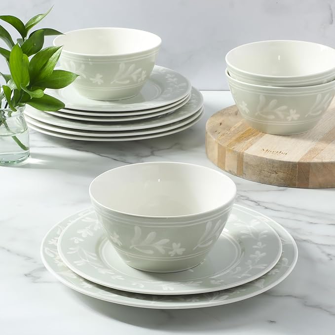 Martha Stewart Maiden Crown 12-Piece Sage Green Dinnerware Set – New Bone China Ceramic Plates &amp Bowls – Floral Design – Service for 4 – Microwave &amp Dishwasher Safe
