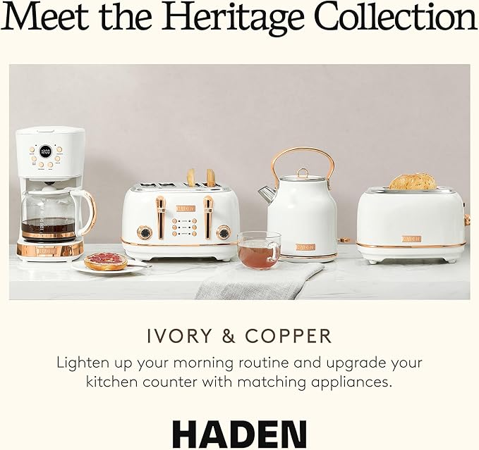 HADEN Coffee Machine 12 Cup Programmable Drip Coffee Maker with Auto Shut-Off Function and Reusable Washable Water Filter Ivory &amp Copper