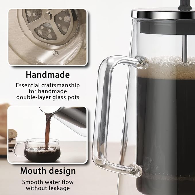 French Press Coffee Maker 34Oz - Double-Wall Insulated Borosilicate Glass - Ergonomic Handle - Coffee Gift - Tea &amp Coffee Press