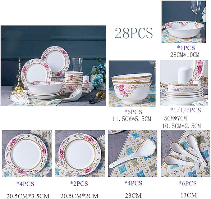Flower Bone China Tableware Set Porcelain Dishes/Plate/Bowl Dinnerware SetCeramic Dinner SetsFine Dinnerware SetsDishwasher &amp Microwave Safe (28pcs Service for 6