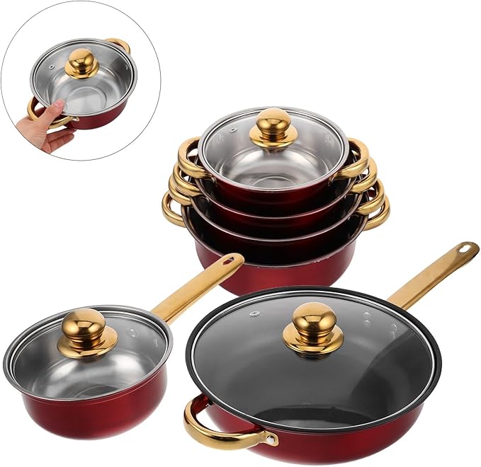 Stainless Steel Cookware Set with Nonstick Surface and Gold Handles Kitchen Pots and Pans for Frying Baking and Cooking Vibrant Wine Red Color Compatible with Multiple Heat Sources