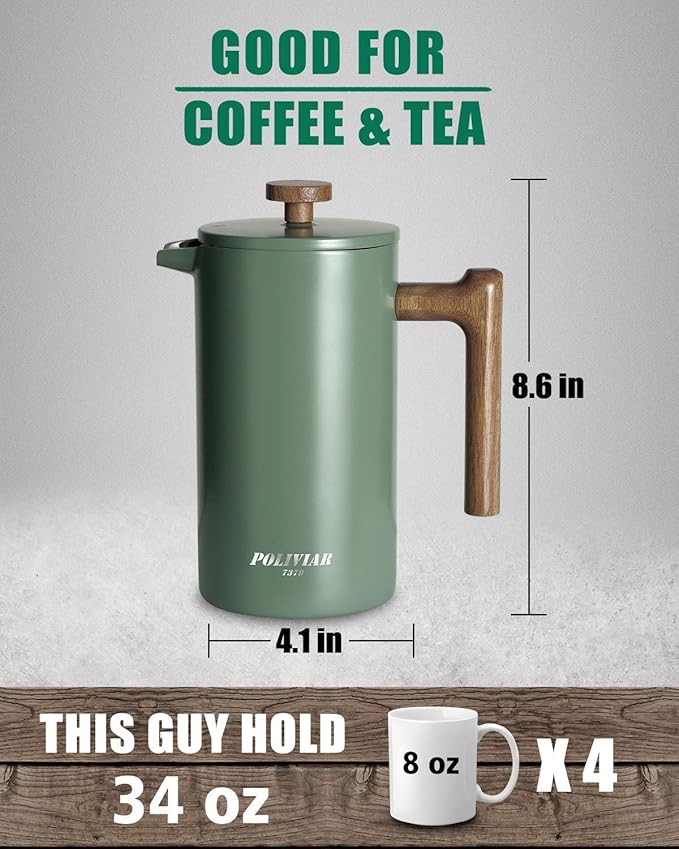 POLIVIAR 34 oz French Press Coffee Maker &amp 2.7 Quart Tea Kettle Combo Package Food Grade Stainless Steel for Good Coffe and Tea