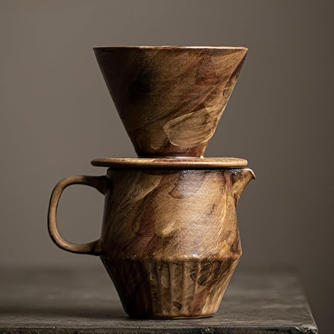 Pour Over Coffee Maker Set Vintage Ceramic Pour Over V60 Coffee Dripper Setfor Home Café Restaurant Camping7oz/220ml Pour Over Coffee Dripper (Brown)