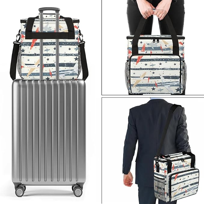 Cute Airplane Coffee Maker Carring Bag Large Insulated Storage Organizer Case Tote Bags with Shoulder Strap for Travel Work Picnic