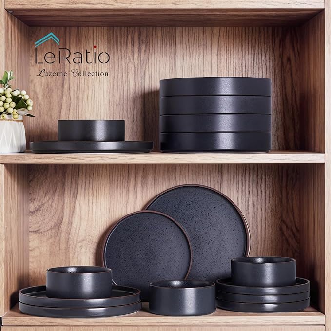 LERATIO Ceramic Dinnerware Sets for 8 High Edge Stoneware Plates and Bowls Set Chip and Crack Resistant | Oven &amp Dishwasher &amp Microwave Safe Dishes Set Service for 8 -Ashen