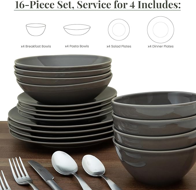 Larder &amp Vine Ceramic Stoneware Dinnerware 16-Piece Set 4 Place Settings (French Gray)