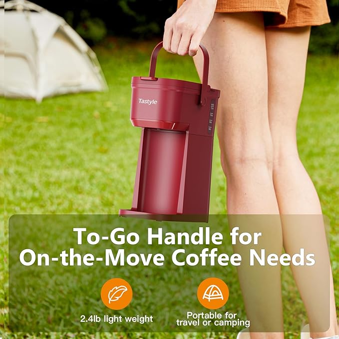Single Serve One Cup Coffee Maker for K Cups and Grounds Mini Coffee Maker with Portable Handle 6 to 12 Oz Brew Size for Travel Camping Office RV and Dorm 120V Vintage Red