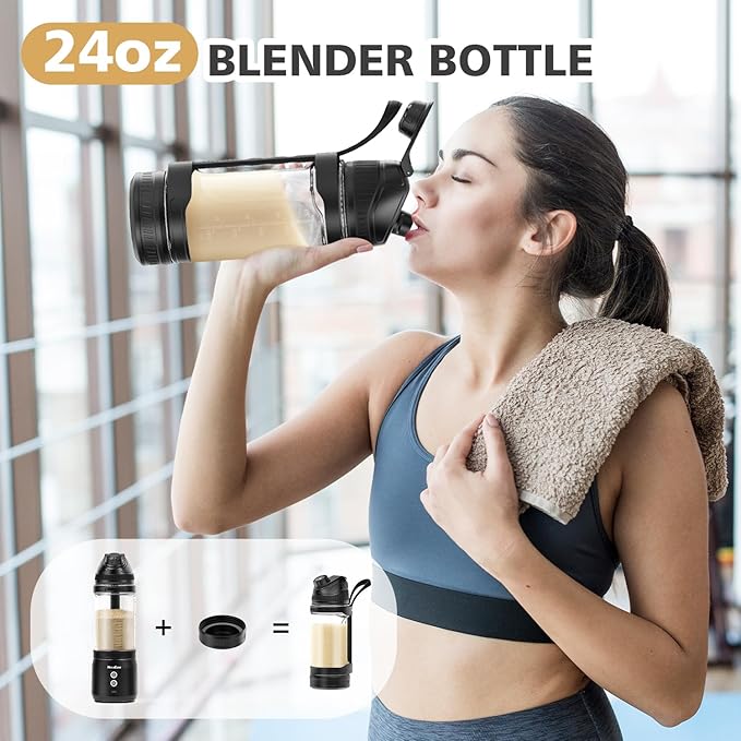 Portable Personal Blender for Smoothies Protein Shakes Frozen Drinks - 24Oz Blender Cup Bottle with Sip Spout Travel Lid USB-C Rechargeable Cordless - Mini Small Blenders for Kitchen Gym Office