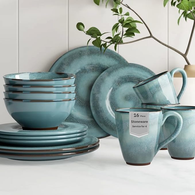 Sango 16-Piece Stoneware Dinnerware Set for 4 Glossy Blue &amp Green Coffee Mugs Plates and Bowls Sets with Reactive Glaze Ceramic Dish Set Elegant Dishes Microwave &amp Dishwasher Safe Toren