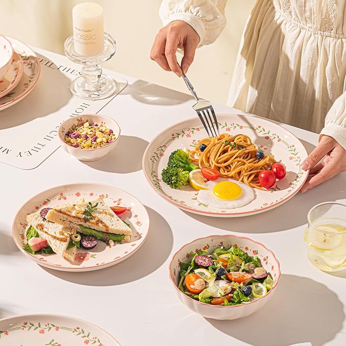 24 Pieces Gourmet Porcelain Dinnerware Sets Premium Plates and Bowls Set High-Fired Ceramic Dishes Set for 6 Microwave Dishwasher Safe Pink Peach Blossom Pattern.