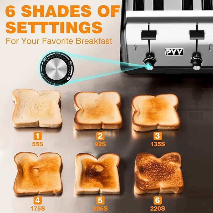PYY Toaster Commercial 4 Slices- 225 Slices/Hour 1800W Pop Up Wide Slots 1.57 inch Stainless Steel 6-Level Setting
