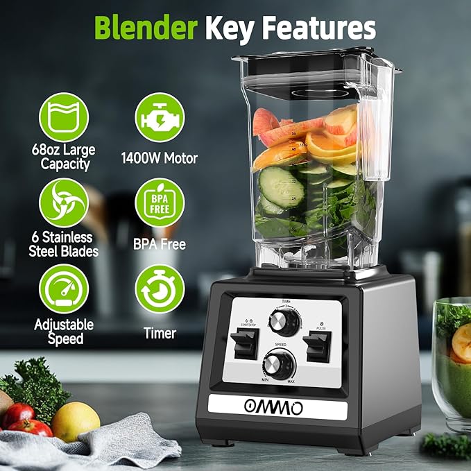 OMMO Blender for Smoothies: 1800W Peak Blenders for Kitchen 68oz BPA-Free Pitcher Timer &amp Speed Control 6 Stainless Steel Blades Dishwasher Safe Blender for Ice Crush/Smoothies/Frozen Drinks/B