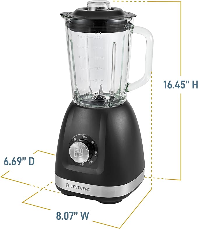 West Bend Blender with 48-Ounce Blending Jar and 20-Ounce Travel Cup Compact Design with Dial Control 700-Watts Black