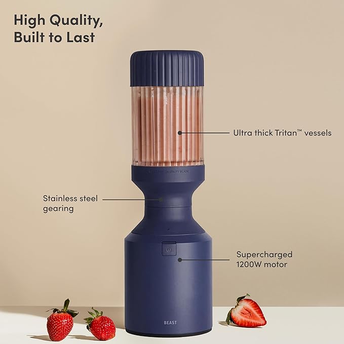 Beast Mega 1200 | Premium Countertop Blender | Smoothies Shakes Sauces Dips Soups | Blends Ice and Frozen Fruit | Includes Extra Lids and Straw System | 1200W | (Navy 120V)