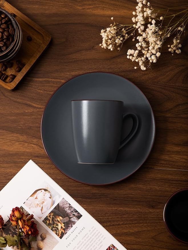 Famiware Venus Plates and Bowls Sets with Coffee Mugs Set 18 Pieces Stoneware Dinnerware Sets Charcoal