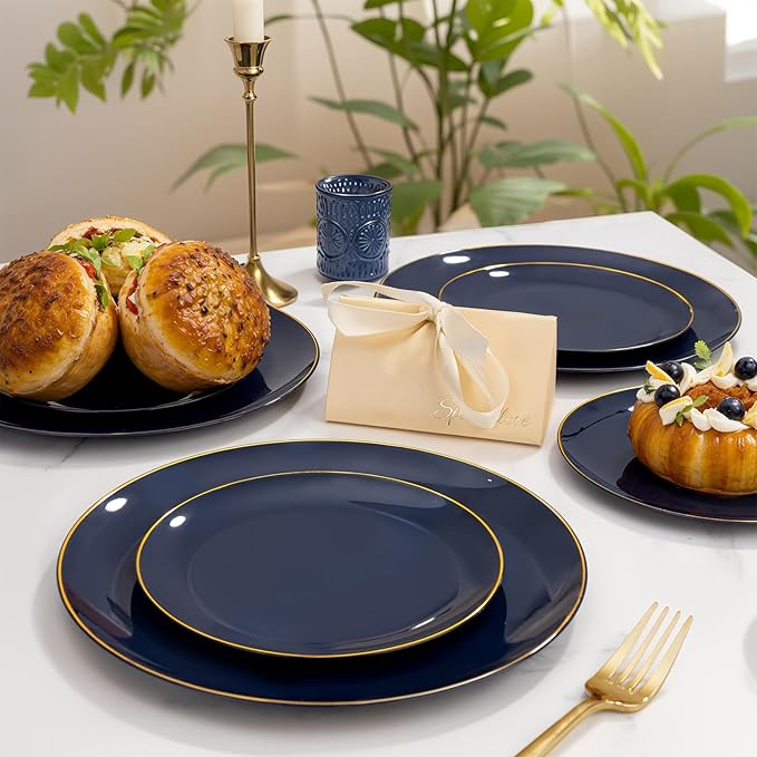 bUCLA 150PCS Blue and Gold Plastic Plates - 25 Guests Navy Blue Plastic Dinnerware Disposable for Party and Passover - Include 25 Dinner/Dessert Plates 25 Knives 25 Forks 25 Spoons 25 Cups