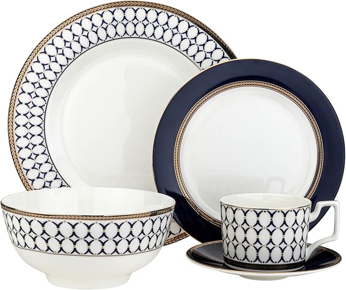 Bone China Porcelain 4-Piece 6.25 Bowl Soup Plates Set Dinnerware Set Elegant Dinner Set Service for 4. Renaissance Gold