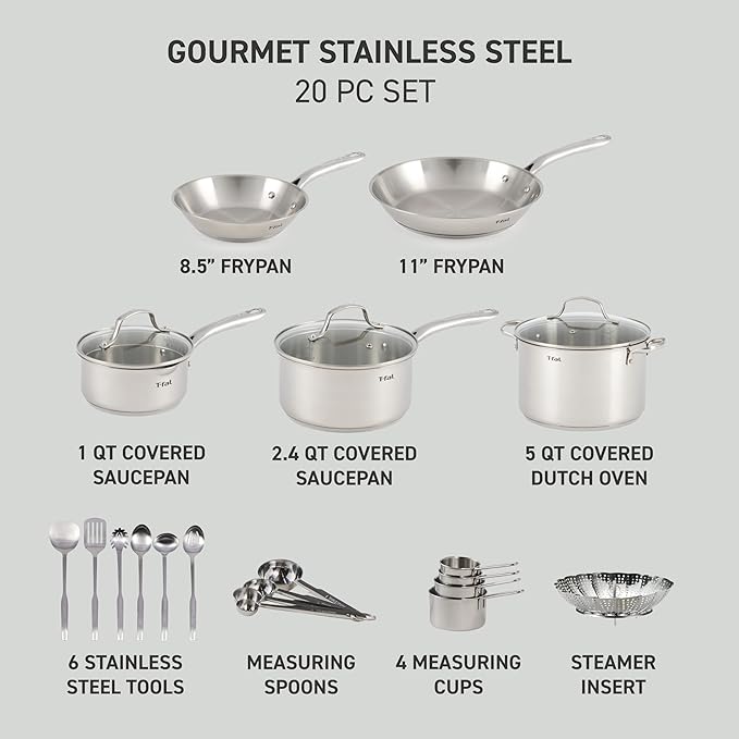 T-fal Gourmet Stainless Steel Cookware Set: 20-Piece Kitchen Essentials Induction Compatible Dishwasher Safe Oven Safe to 500F Durable Pots and Pans with Steamer for Versatile Cooking
