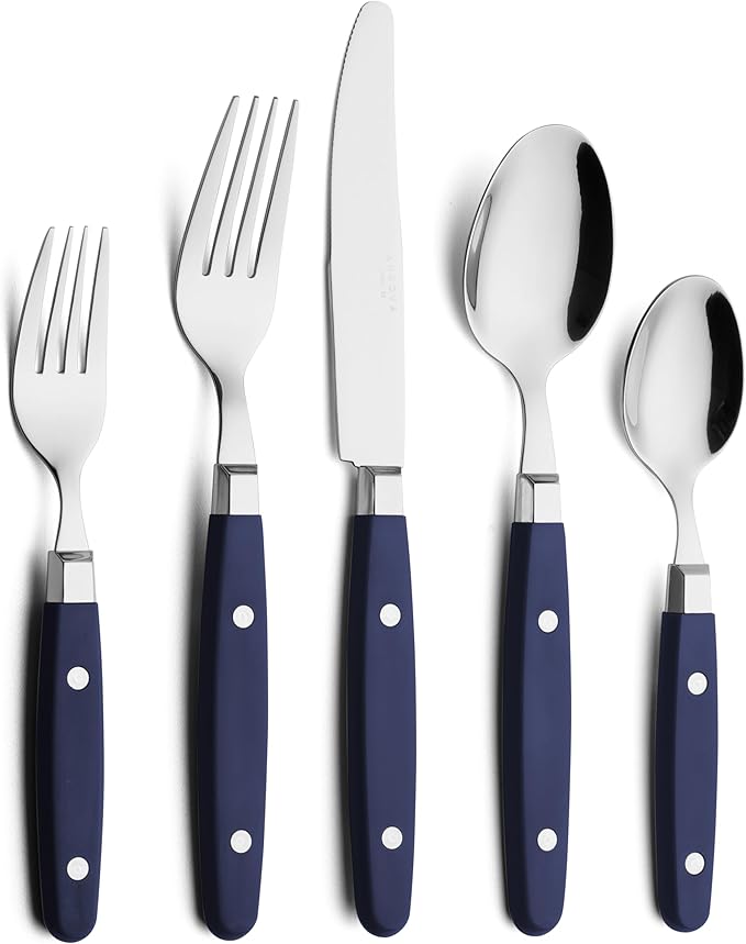 ANNOVA Silverware Set Retro/Rivet Colorful Stainless Steel Tableware Kitchen Flatware Set Utensils Includes Dinner Knives Forks Spoons Salad Forks &amp Dessert Spoons (Navy Blue 20 Pieces)