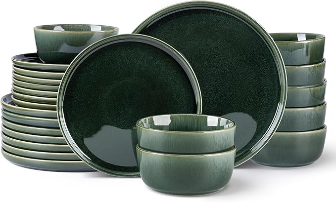 GBHOME Ceramic Dinnerware Sets for 8 24 Pieces Stoneware Plates and Bowls Sets Reactive Glaze Dishes -Scratch Resistant Dishwasher&ampMicrowave Safe Earth Green