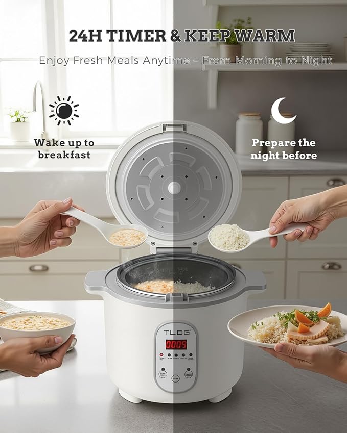 TLOG Low Carb Rice Cooker 2L(8 Cups Cooked) Low Sugar Healthy Rice Maker with 304 Stainless Steel Steamer Basket 5 Cooking Presets 24H Timer &amp Keep Warm Function