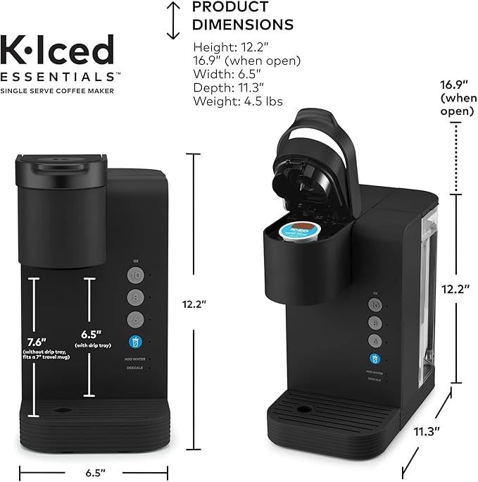 K-Iced Essentials Coffee Maker Single-Serve KCup Pod Brewer with Removable Reservoir and Auto-Off Energy Efficient Includes K Iced Tumbler Compact Black