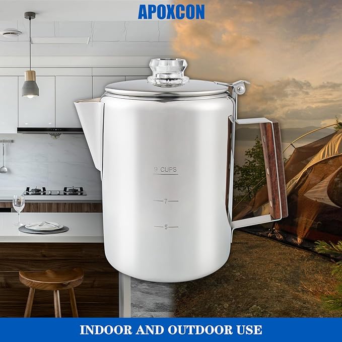 Coffee Percolator Camping Coffee Pot Stainless Steel with Glass Knob Using on any Stovetop - NO Aluminum NO Plastic (9 Cup)