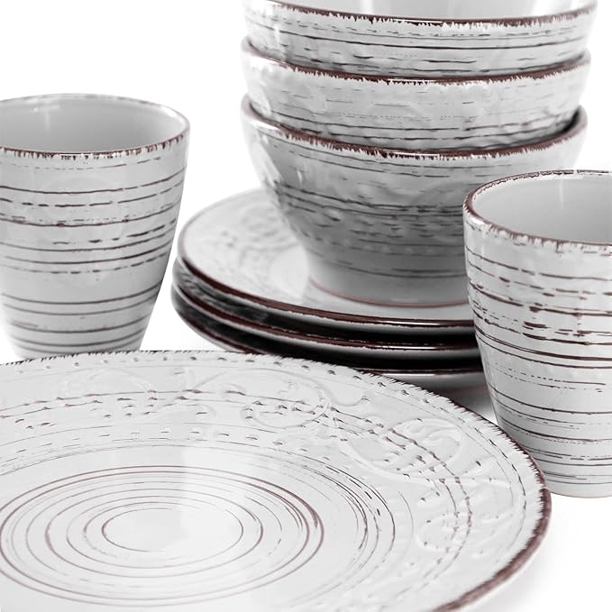 16-Piece Stoneware Dinnerware Set – Ocean Bloom Sea Glass Mica Calcite Jasper &amp Deep Ocean – Microwave Safe Dishwasher Safe Service for 4 with Reactive Glaze Finish (Light Gray)