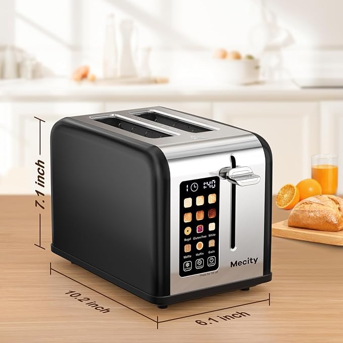 Mecity 2 Slice Touch Screen Toaster 1.5 Wide Slot Stainless Steel Smart Toaster for Bagels Muffins Waffles Gluten-Free Breads Defrost Reheat Timer 120V 825W Matt Black
