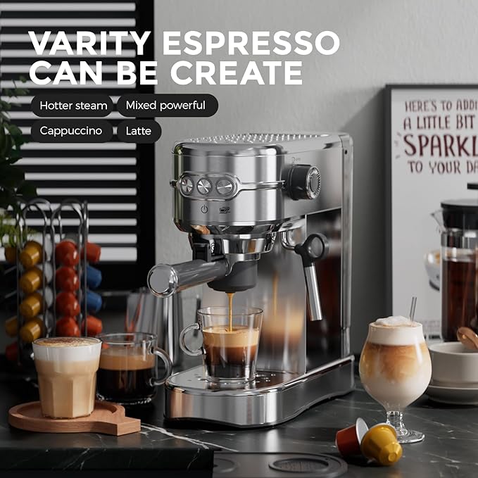 20-Bar Espresso Machine &amp Electric Milk Frother – Compatible with N Espresso Capsule &amp Coffee GroundStainless Steel