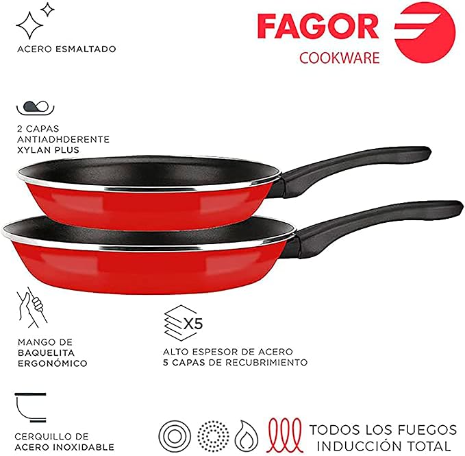 Fagor Optimax Induction Saucepan Set 8-Piece Set 3 Cooking Pots 18-20-24 cm 3 Glass Lids 2 Frying Pans 20-24 cm Enamelled Steel Non-Stick Coating without PFOA Suitable for All Types of Cookers