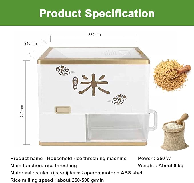 Household Rice Milling Peeling Machine Electric Paddy Rice Bran Separator 350 W Paddy Huller Sheller Hulling 8-Speed Fine Degree Adjustable Movable Rice Bran Box Alloy Steel Knife