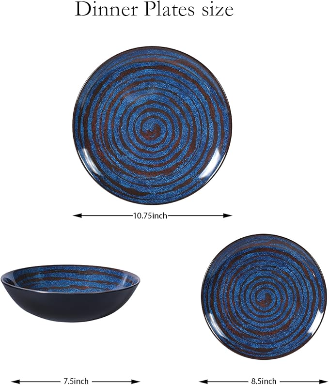 Melamine Dinnerware Set 12-Piece Plates and Bowls Set Blue Threaded Plastic Dishes Set Service for 4 BPA-Free Dishwasher Safe