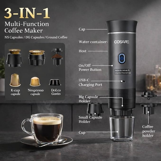 3 in 1 Espresso Coffee Maker – Single ServeGround Coffee Compatible – 19 Bar Pump Fast Heating Compact Design Espresso Portable Machine with Milk Frother for Home &amp Office Use (Grey)