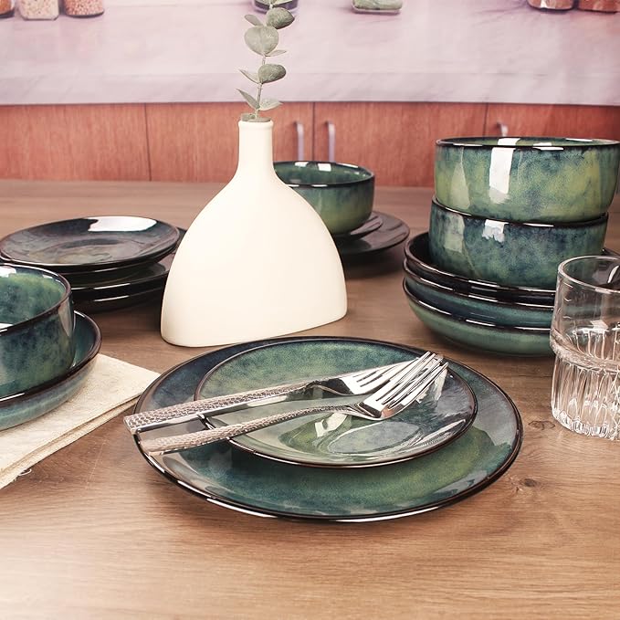 Ceramic Dinnerware (16 pcs) Serve 4 people Plates and Bowls Sets Reactive Glaze Dishes Set Chip Resistant and Scratch Resistant Dishwasher Microwave Safe Suitable for dinner parties