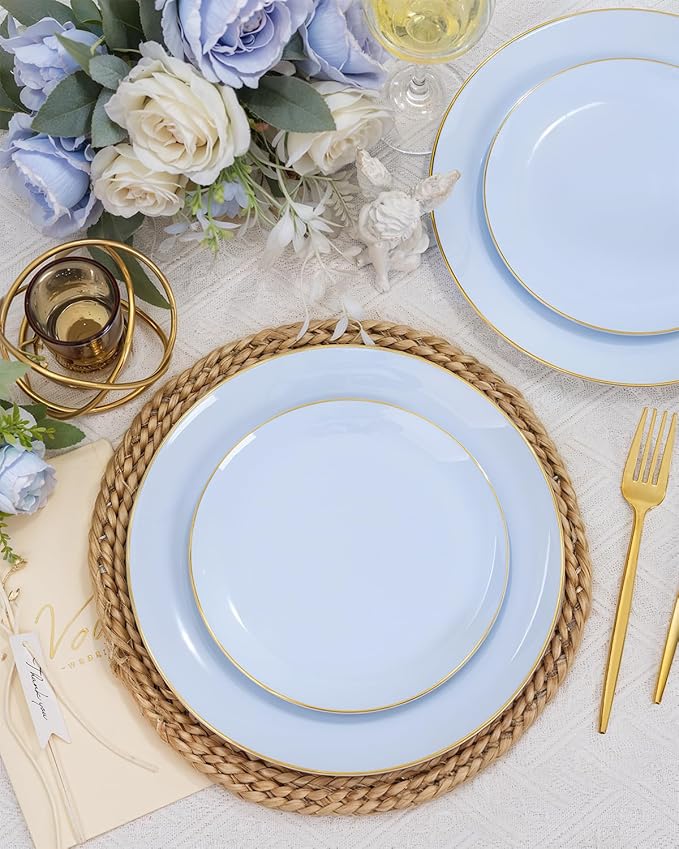 bUCLA 150PCS Blue Plastic Plates - Light Blue and Gold Disposable Include 25 Each (Dinner &amp Dessert) Plates 25 Knives 25 Forks 25 Spoons and 25 Cups Ideal for Party Easter Birthday &amp Wed