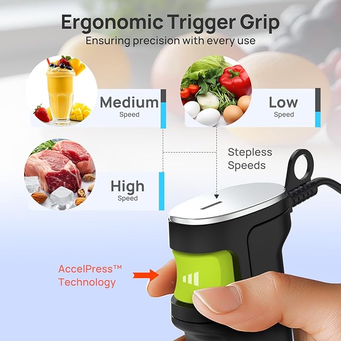 Consciot 4 in 1 Immersion Hand Blender Max 1100W Corded Stick Emulsifier with Entire Stainless Steel Blender Shaft Trigger Speed Control For Blending Beating Frothing Mixing &amp More Non-BPA