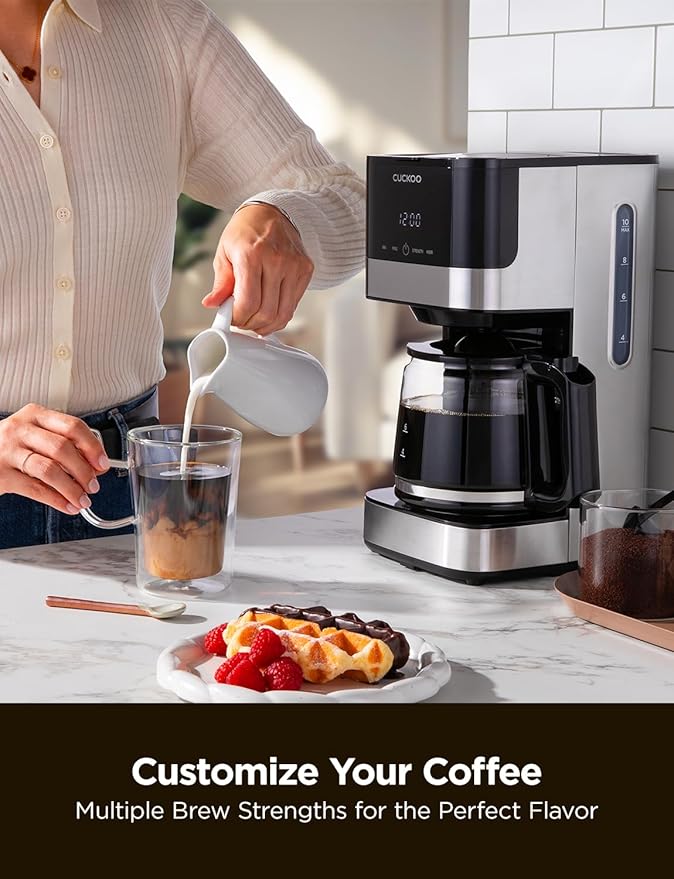 CUCKOO Classic 10-Cup Drip Coffee Maker Easy To Use Coffee Machine with Programmable Timer Includes Glass Coffee Pot with Two Brew Strength Settings and Reusable Mesh Filter (CCM-BD011B)
