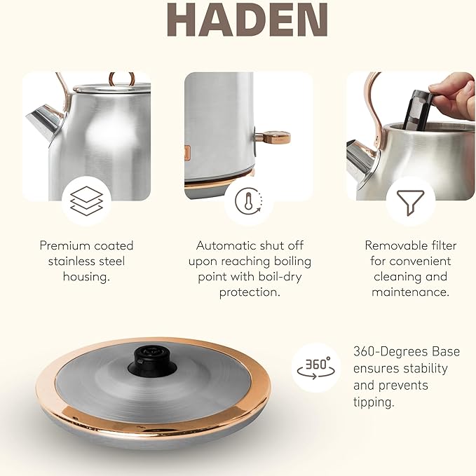 Haden Heritage 4 Slice Wide Slot Stainless Steel Toaster Bundled with 1.7 Liter Stainless Steel Electric Water Kettle Steel &amp Copper